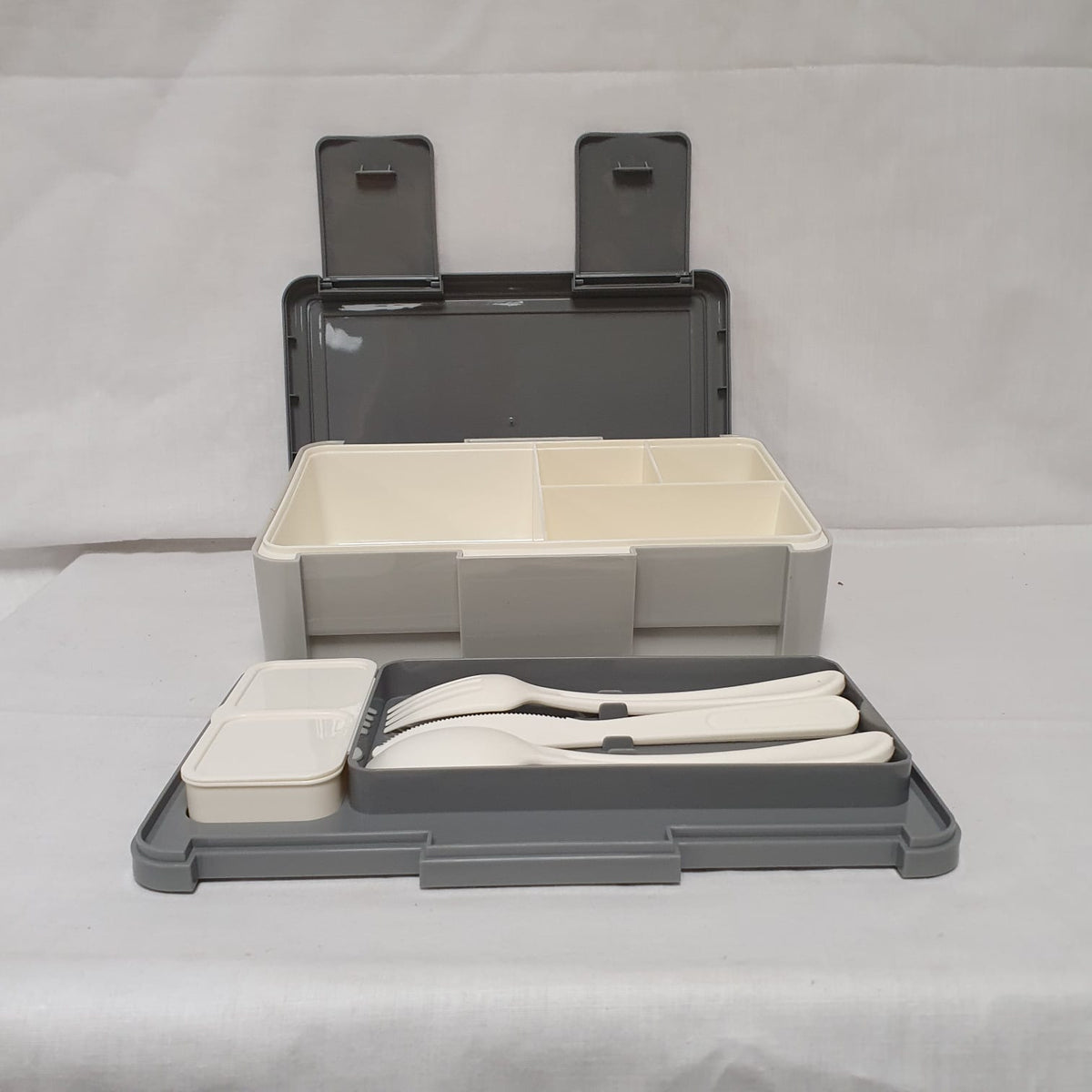 Compartment Lunch Box with Cutlery & Two-Section Sauce Container – Grey, Pink, Beige, Green or Blue