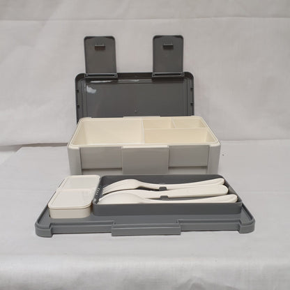 Compartment Lunch Box with Cutlery & Two-Section Sauce Container – Grey, Pink, Beige, Green or Blue