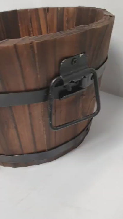 Pack of 2 Rustic Barrel-Style Planters – 24cm Round Brown Wooden-Look Garden Plant Pots