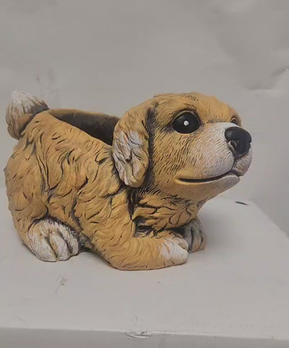 Cement Puppy Dog Planter – Medium, Large or Combo Set – Brown Garden Plant Pot