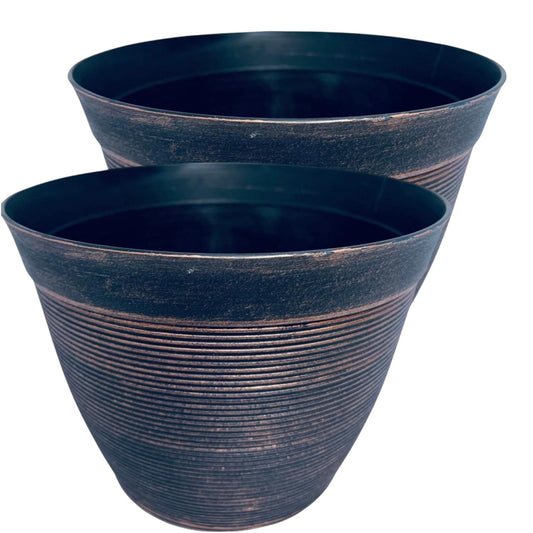 Set of 2 Large Black Bronze Garden Planters – Tall Round Plastic Plant Pots for Outdoor & Indoor Use (25.2cm x 9.2cm)