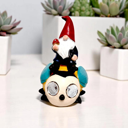 Solar Gnome Garden Ornament – Resin Gnome Statue on Ladybug & Bee with LED Lights (1 or 2 Pack)