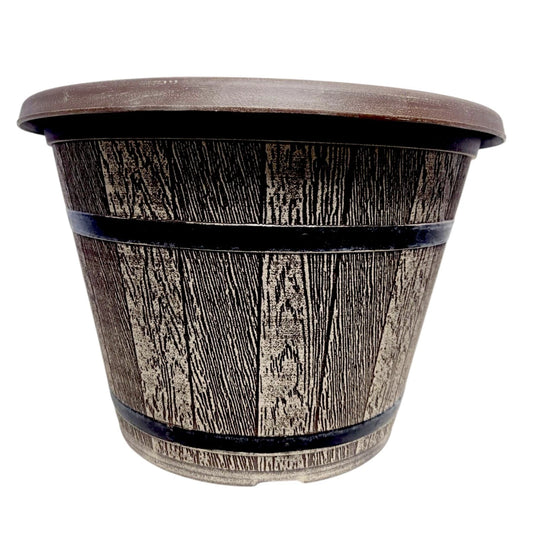 Rustic Driftwood Effect Cask Planter with Metal Band – Outdoor Garden Pot (41cm) – Single or Set of 2