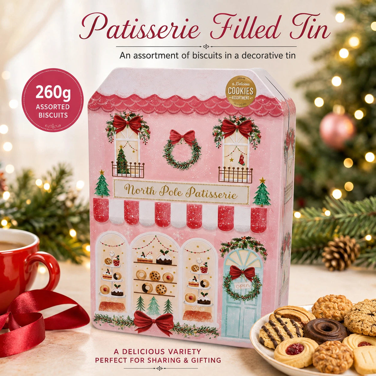 Christmas Patisserie Biscuit Assortment Tin 260g – 6 Varieties in Pink Festive Gift Tin
