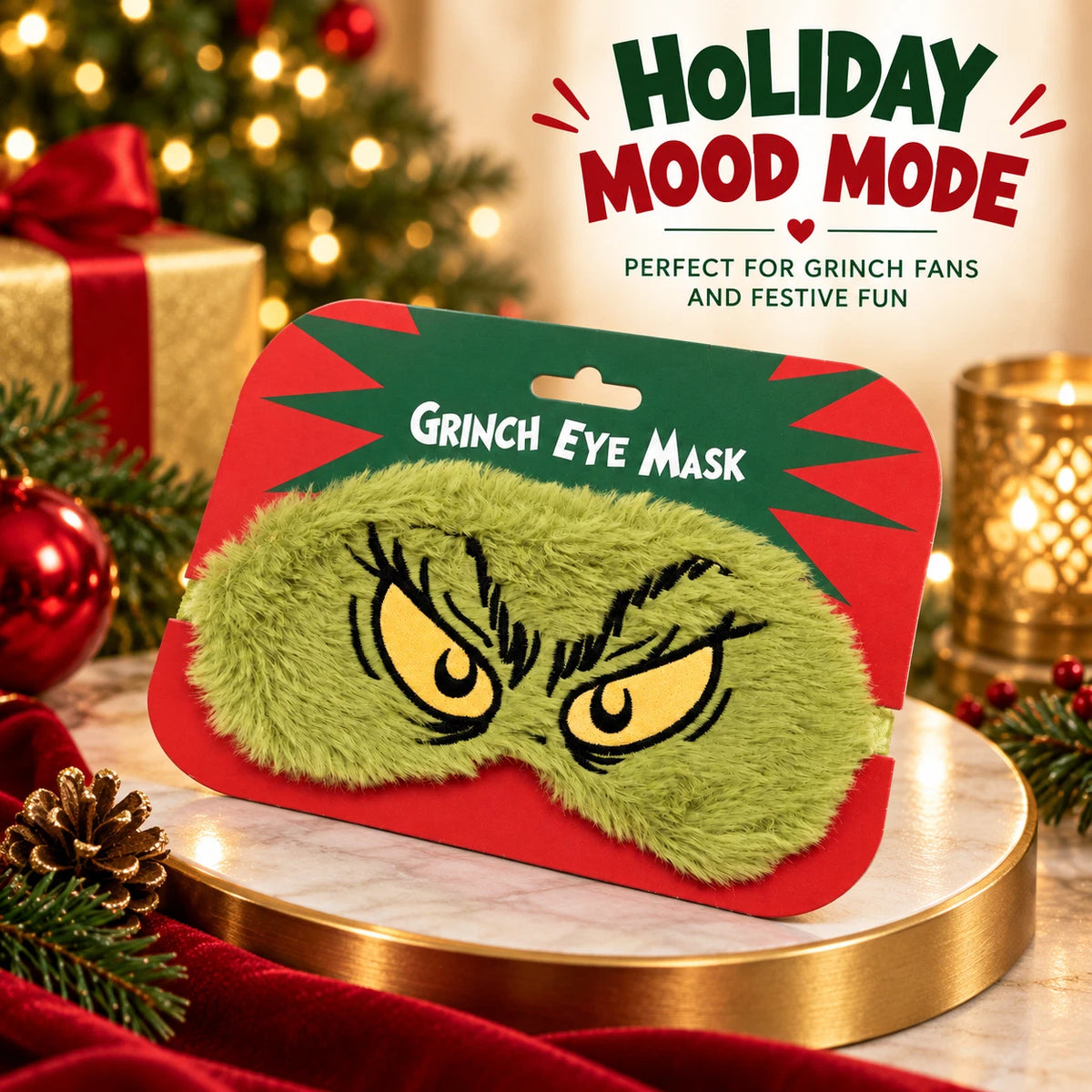 Green Plush Christmas Eye Mask with Embroidered Eyes & Elasticated Strap – Novelty Festive Gift