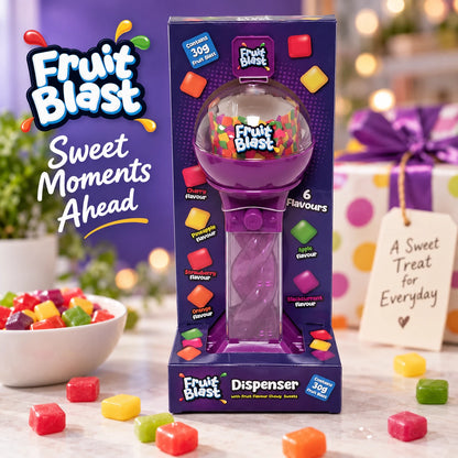 Purple Spiral Sweet Dispenser with 30g Fruit Flavour Chewy Sweets – Refillable Push Button Design