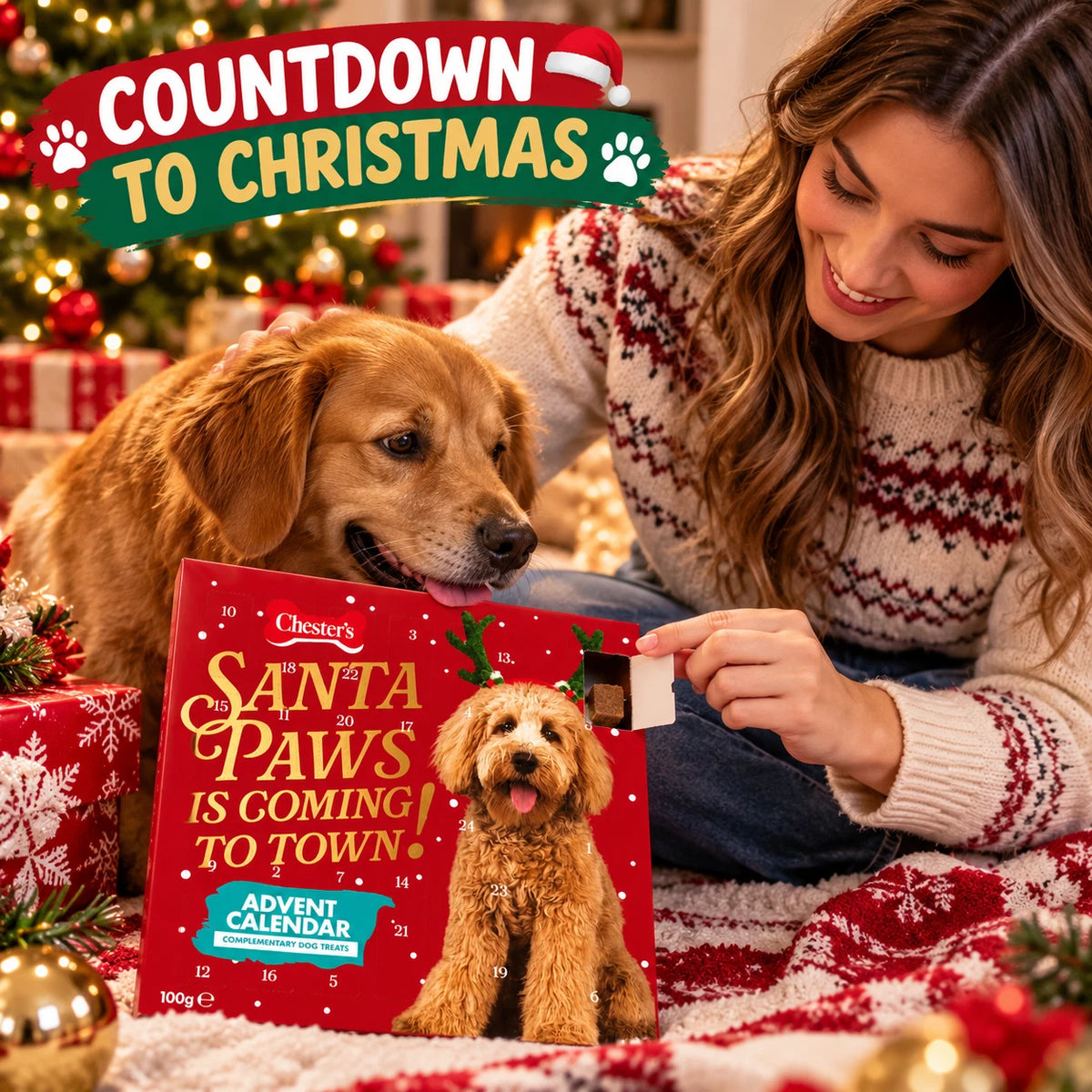 Chesters Christmas Dog Advent Calendar 100g – 24 Doors with 6 Festive Treat Varieties