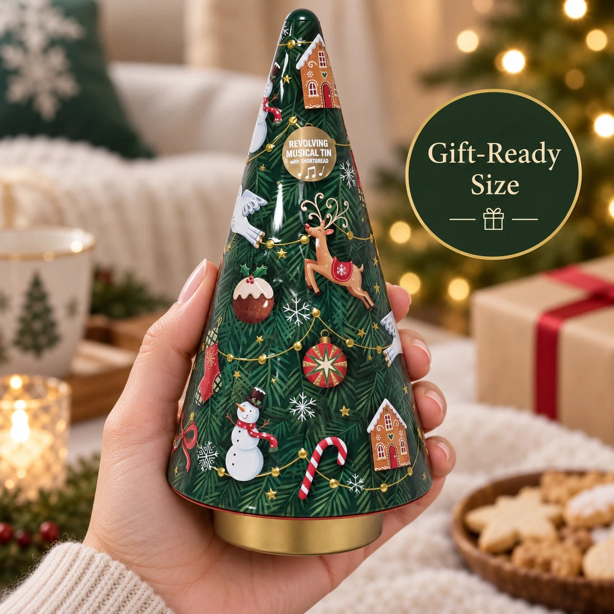 Christmas Tree Revolving Musical Tin with Shortbread Biscuits 180g – Festive Gift