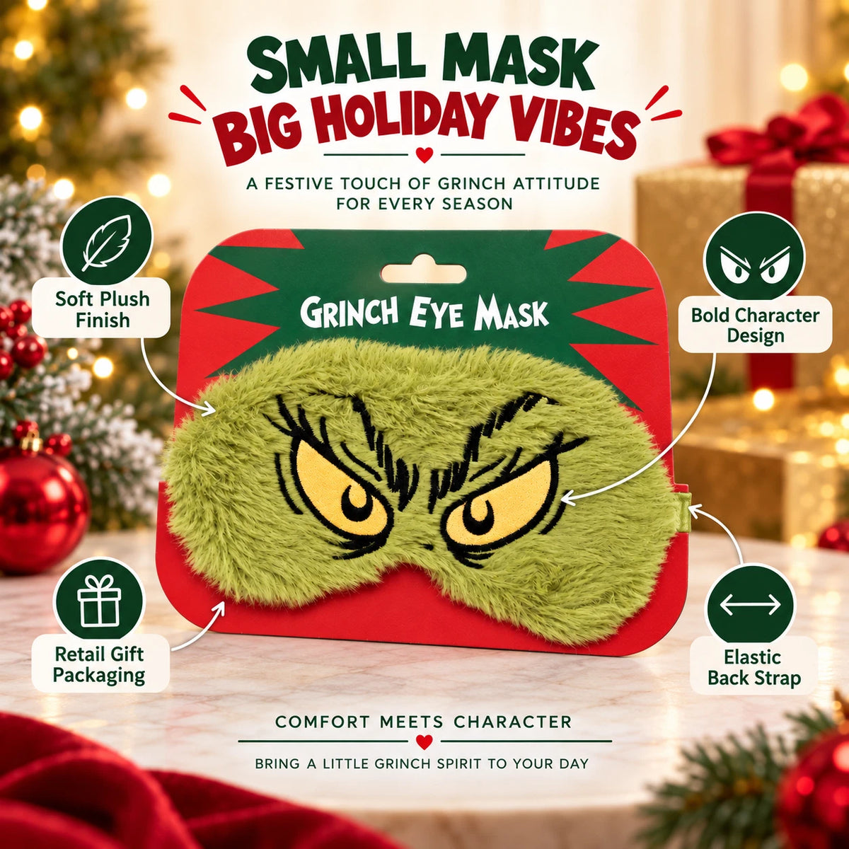 Green Plush Christmas Eye Mask with Embroidered Eyes & Elasticated Strap – Novelty Festive Gift