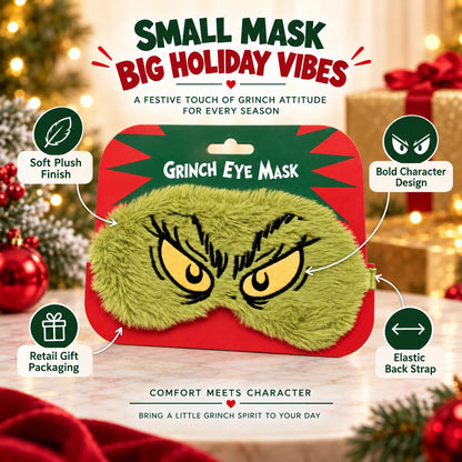 Green Plush Christmas Eye Mask with Embroidered Eyes & Elasticated Strap – Novelty Festive Gift
