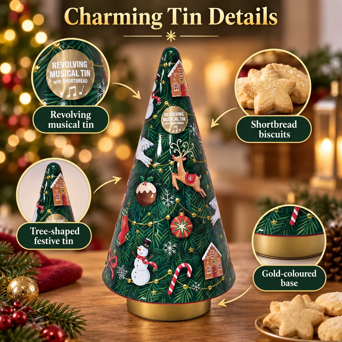 Christmas Tree Revolving Musical Tin with Shortbread Biscuits 180g – Festive Gift