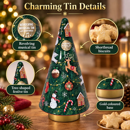 Christmas Tree Revolving Musical Tin with Shortbread Biscuits 180g – Festive Gift