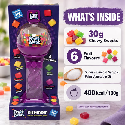 Purple Spiral Sweet Dispenser with 30g Fruit Flavour Chewy Sweets – Refillable Push Button Design