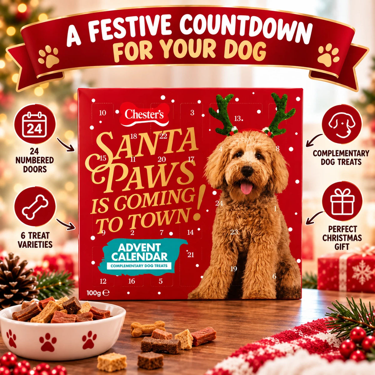 Chesters Christmas Dog Advent Calendar 100g – 24 Doors with 6 Festive Treat Varieties