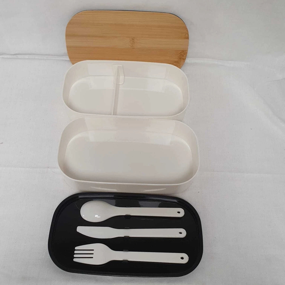 2 Tier Bento Lunch Box with Bamboo Lid, Reusable Cutlery & Elastic Strap – Black or White