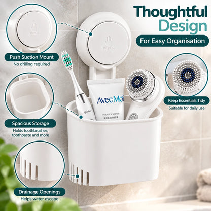 White Suction Toothbrush Holder – No Drill Wall Mounted Bathroom Organiser