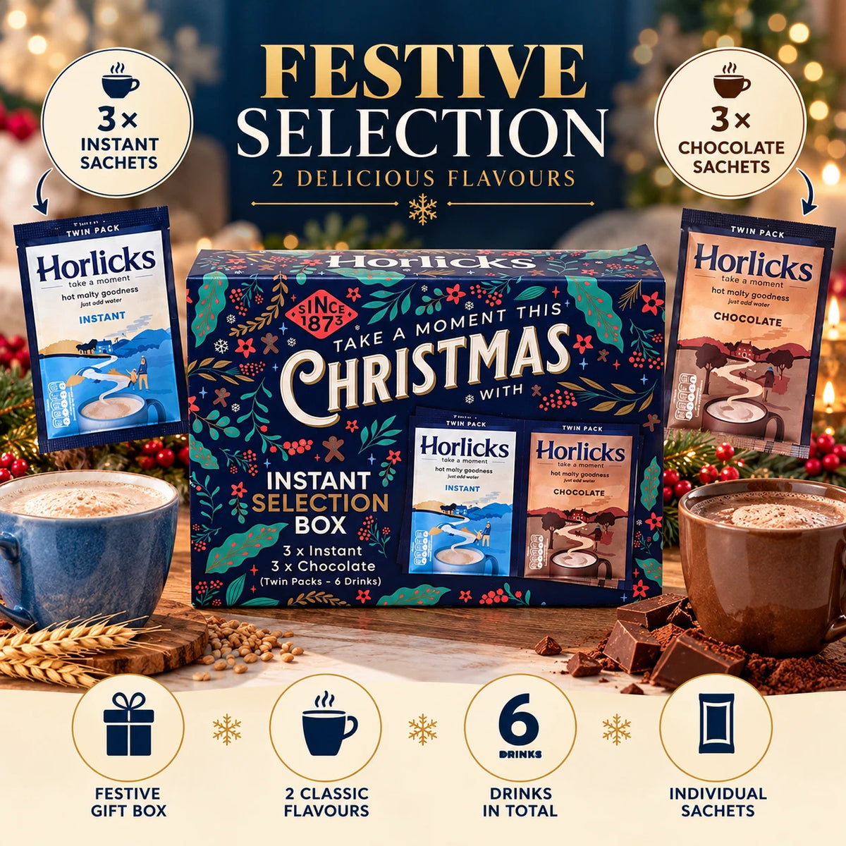 Horlicks Christmas Selection Box Original & Chocolate Malted Drinks 6 Sachets
