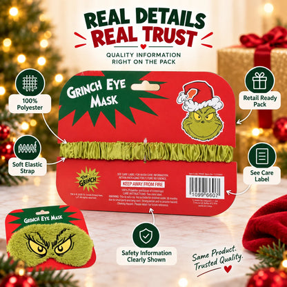 Green Plush Christmas Eye Mask with Embroidered Eyes & Elasticated Strap – Novelty Festive Gift