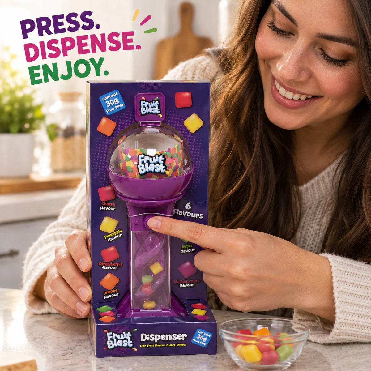 Purple Spiral Sweet Dispenser with 30g Fruit Flavour Chewy Sweets – Refillable Push Button Design