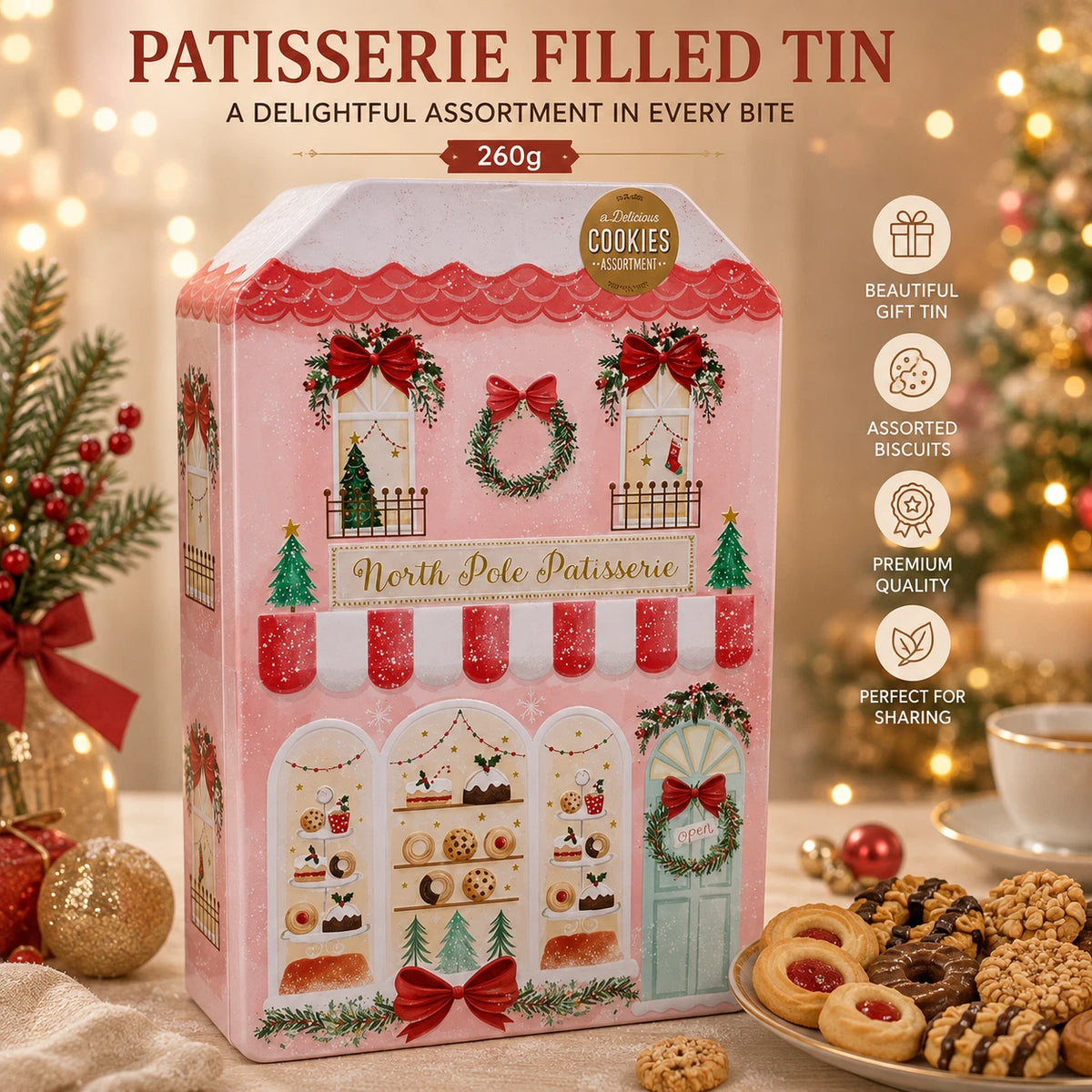Christmas Patisserie Biscuit Assortment Tin 260g – 6 Varieties in Pink Festive Gift Tin