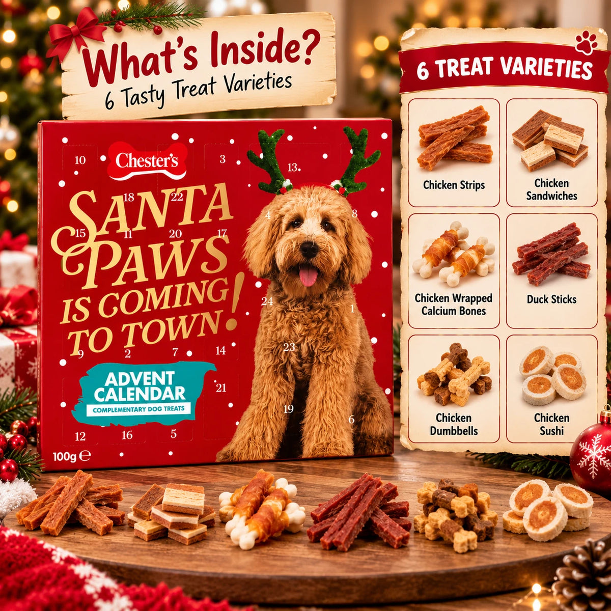 Chesters Christmas Dog Advent Calendar 100g – 24 Doors with 6 Festive Treat Varieties