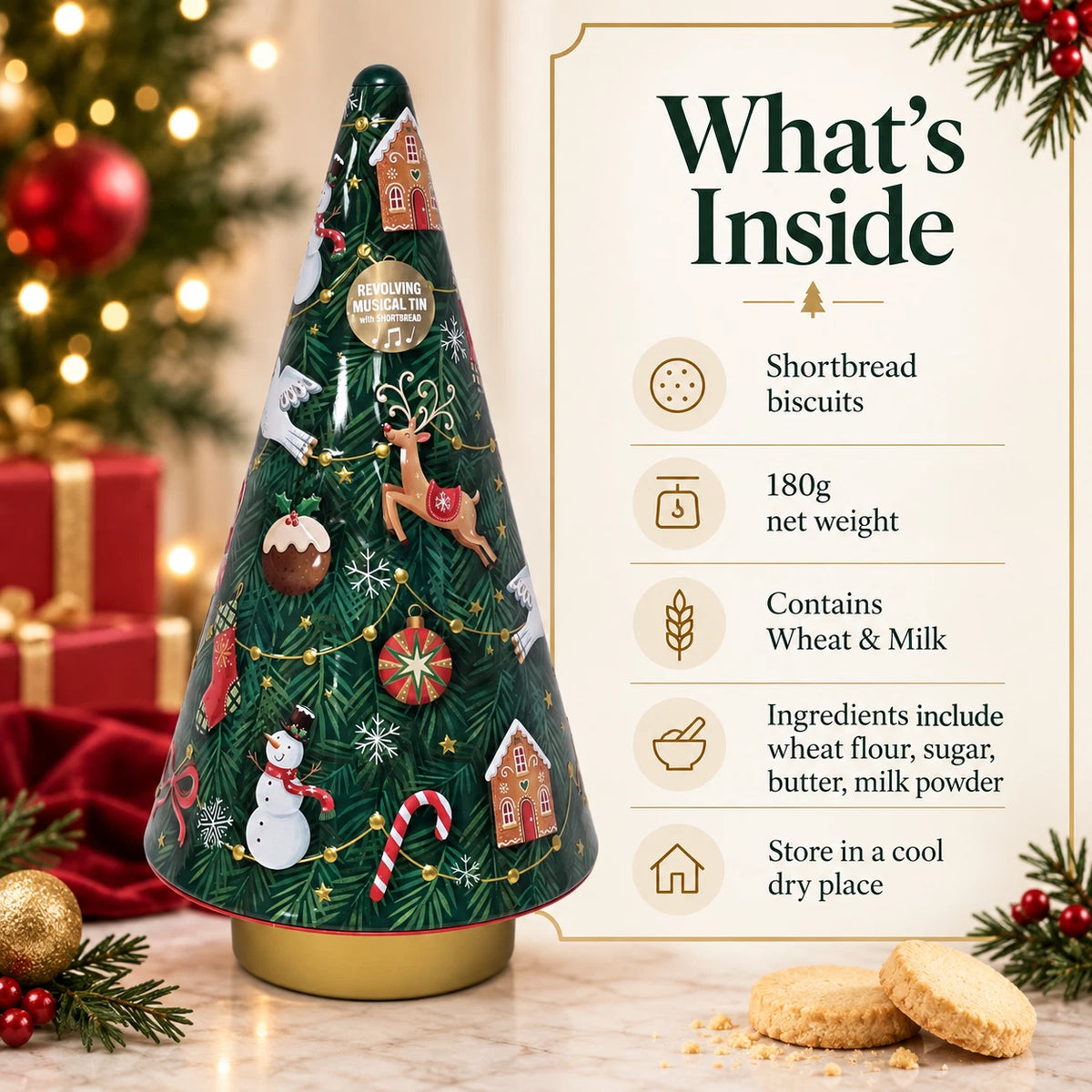 Christmas Tree Revolving Musical Tin with Shortbread Biscuits 180g – Festive Gift