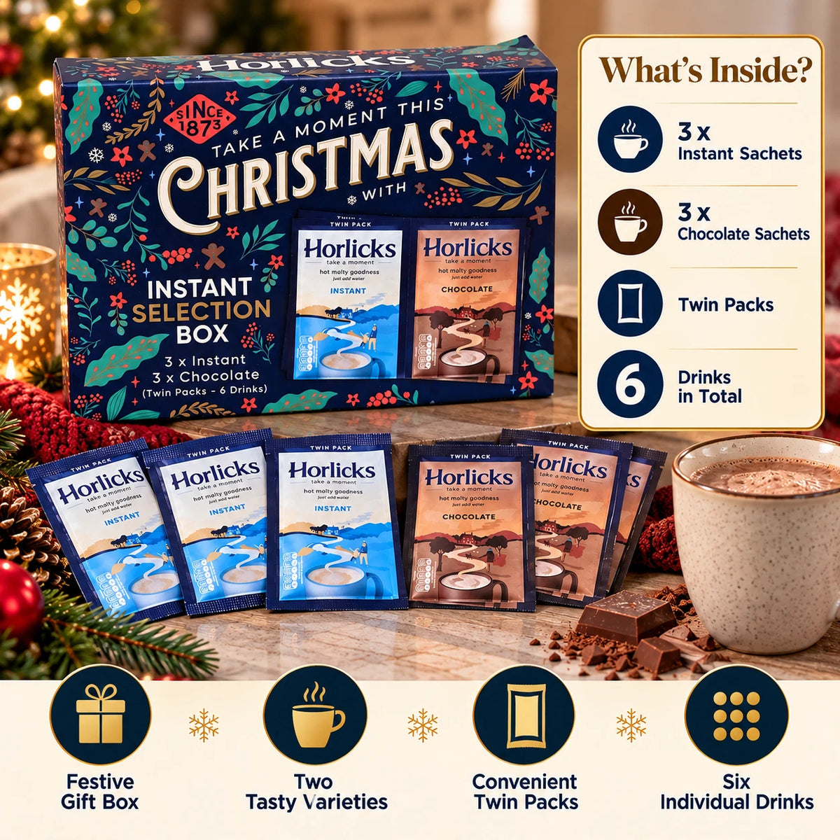 Horlicks Christmas Selection Box Original & Chocolate Malted Drinks 6 Sachets