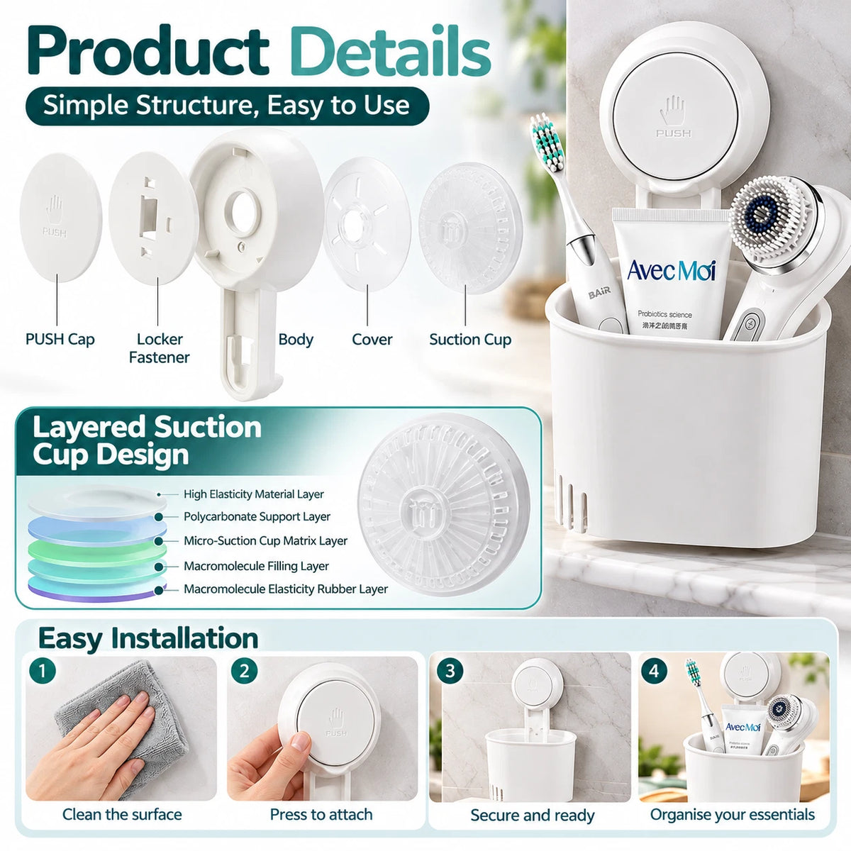 White Suction Toothbrush Holder – No Drill Wall Mounted Bathroom Organiser