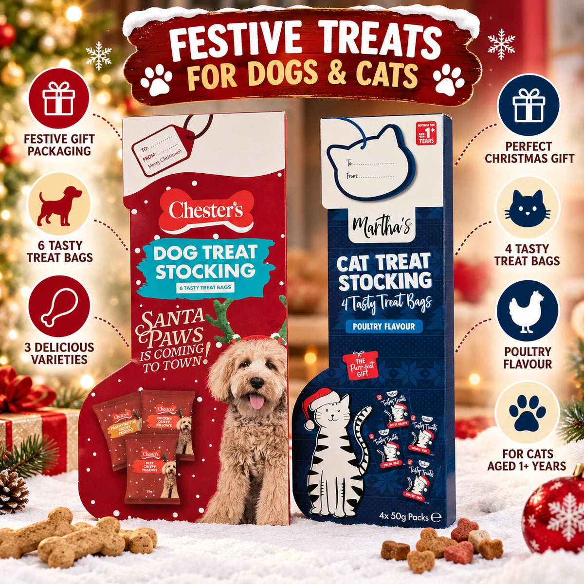 Christmas Dog & Cat Treat Stockings – Choose Dog, Cat or Both Festive Pet Gifts