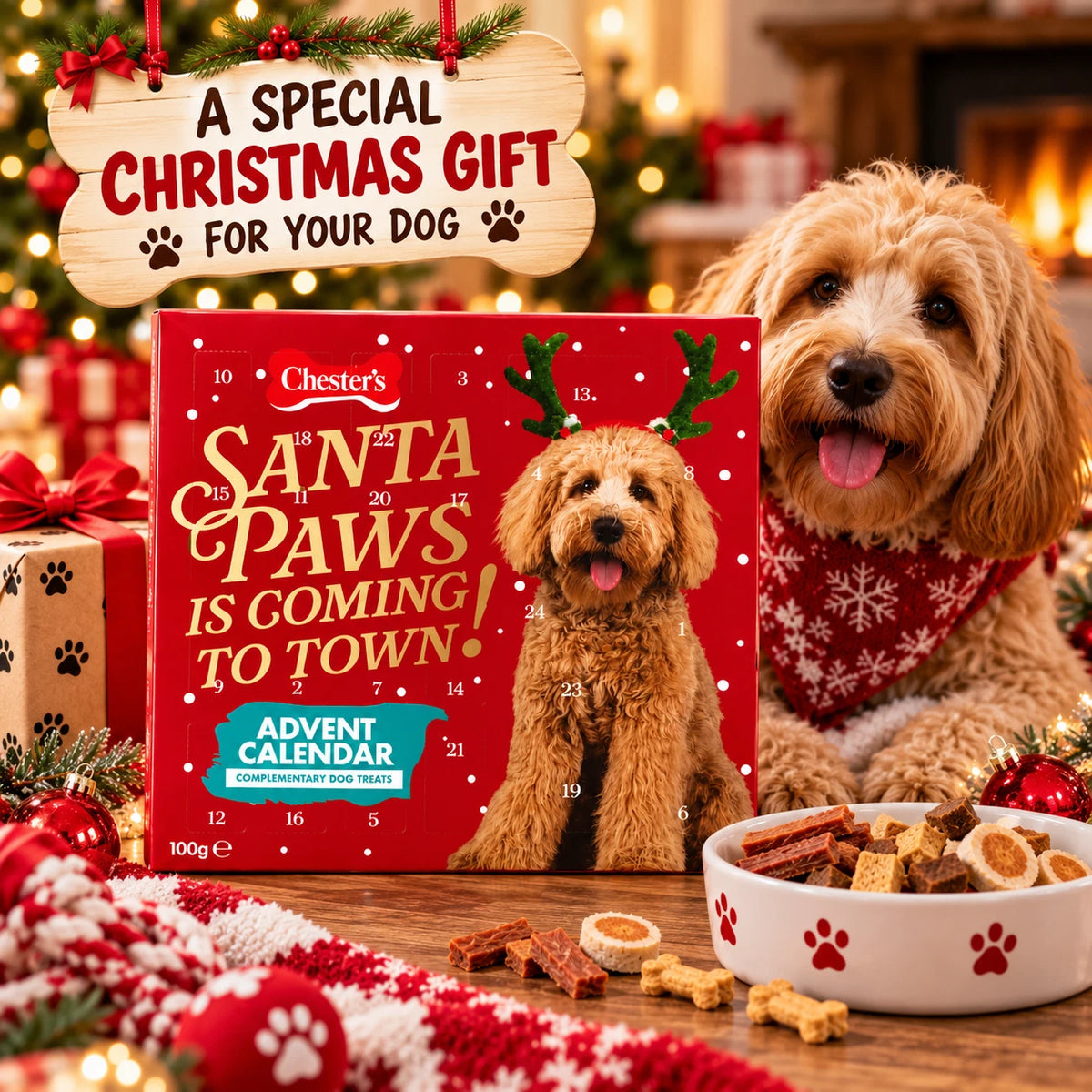 Chesters Christmas Dog Advent Calendar 100g – 24 Doors with 6 Festive Treat Varieties