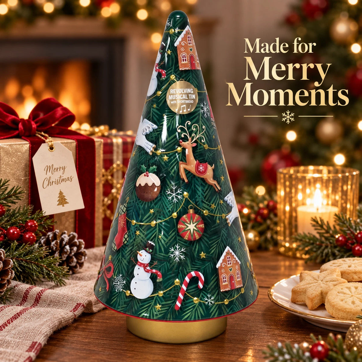 Christmas Tree Revolving Musical Tin with Shortbread Biscuits 180g – Festive Gift