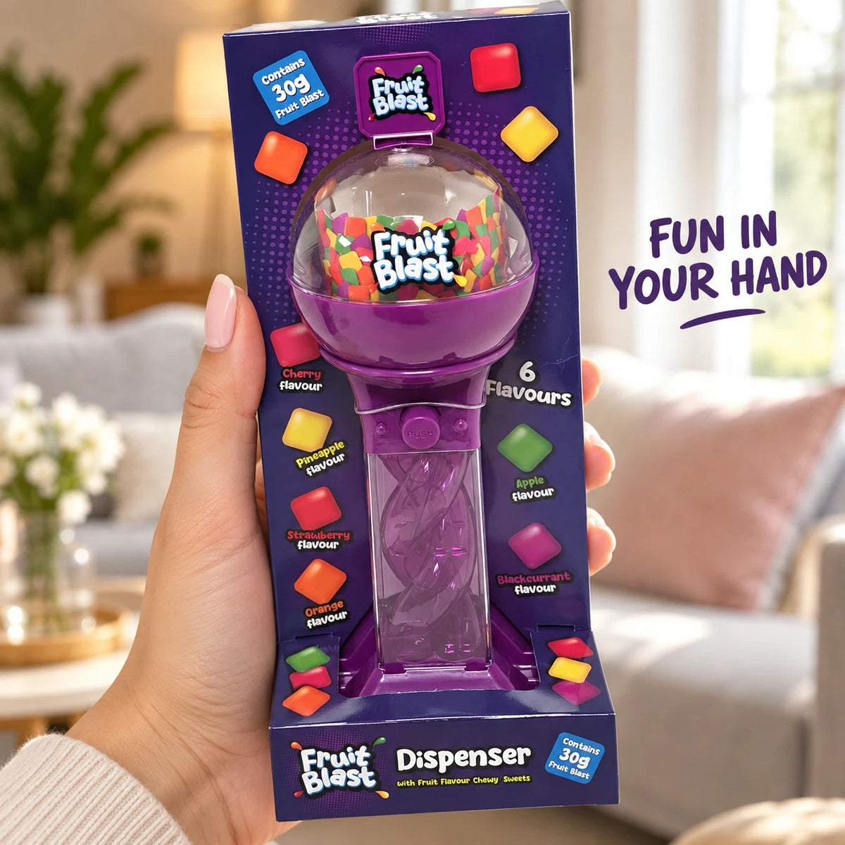 Purple Spiral Sweet Dispenser with 30g Fruit Flavour Chewy Sweets – Refillable Push Button Design