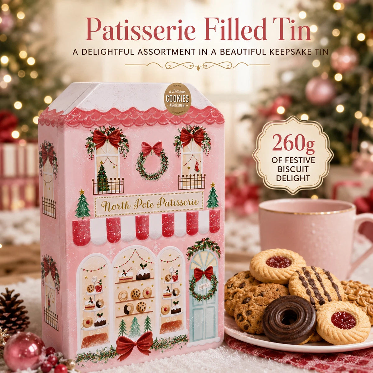 Christmas Patisserie Biscuit Assortment Tin 260g – 6 Varieties in Pink Festive Gift Tin
