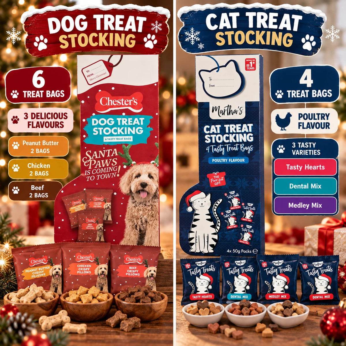Christmas Dog & Cat Treat Stockings – Choose Dog, Cat or Both Festive Pet Gifts
