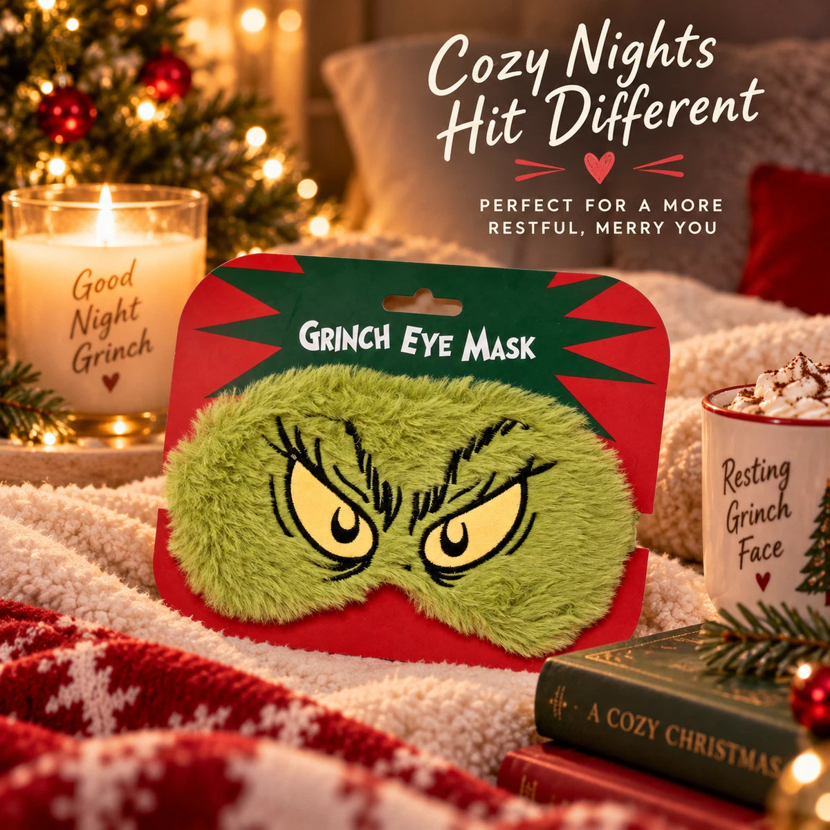 Green Plush Christmas Eye Mask with Embroidered Eyes & Elasticated Strap – Novelty Festive Gift