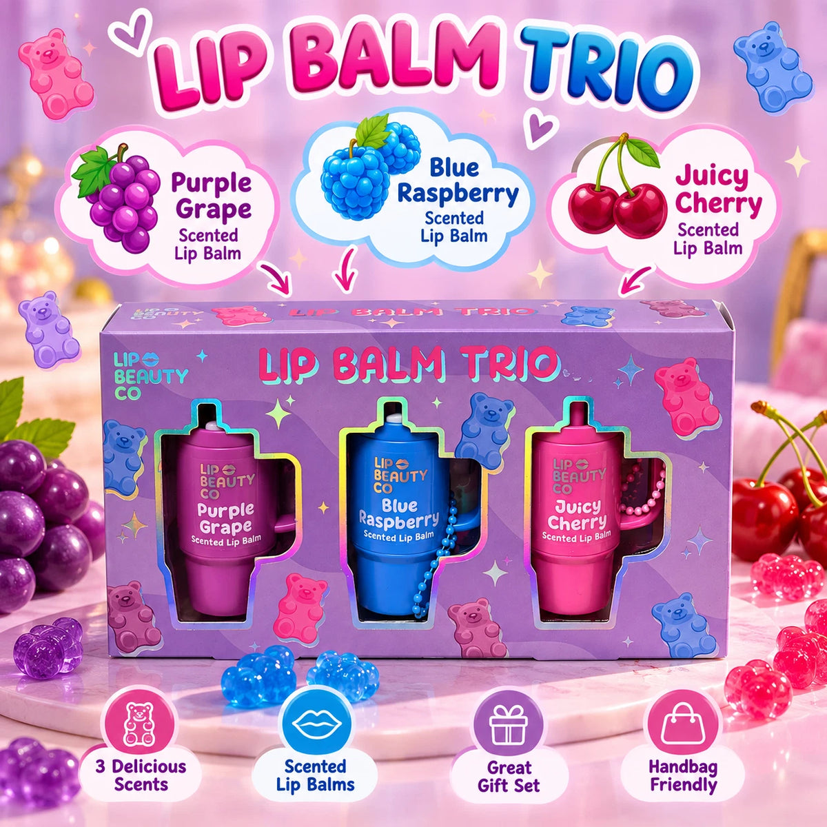 Lip Beauty Co Fruity Lip Balm Trio Gift Set – Grape, Raspberry & Cherry