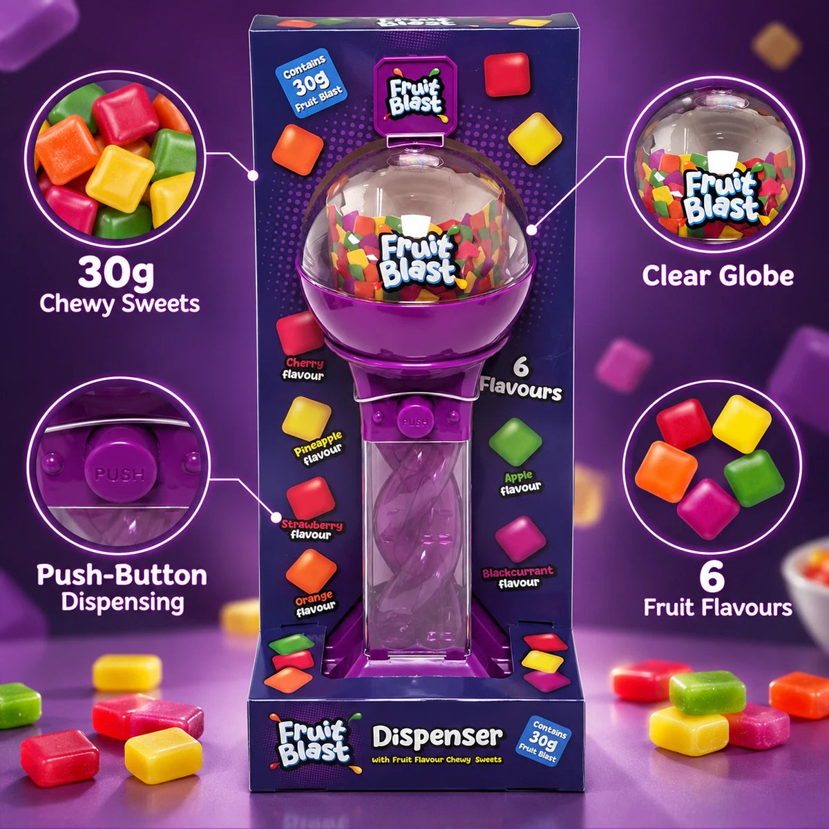Purple Spiral Sweet Dispenser with 30g Fruit Flavour Chewy Sweets – Refillable Push Button Design