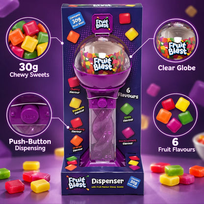 Purple Spiral Sweet Dispenser with 30g Fruit Flavour Chewy Sweets – Refillable Push Button Design