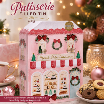 Christmas Patisserie Biscuit Assortment Tin 260g – 6 Varieties in Pink Festive Gift Tin