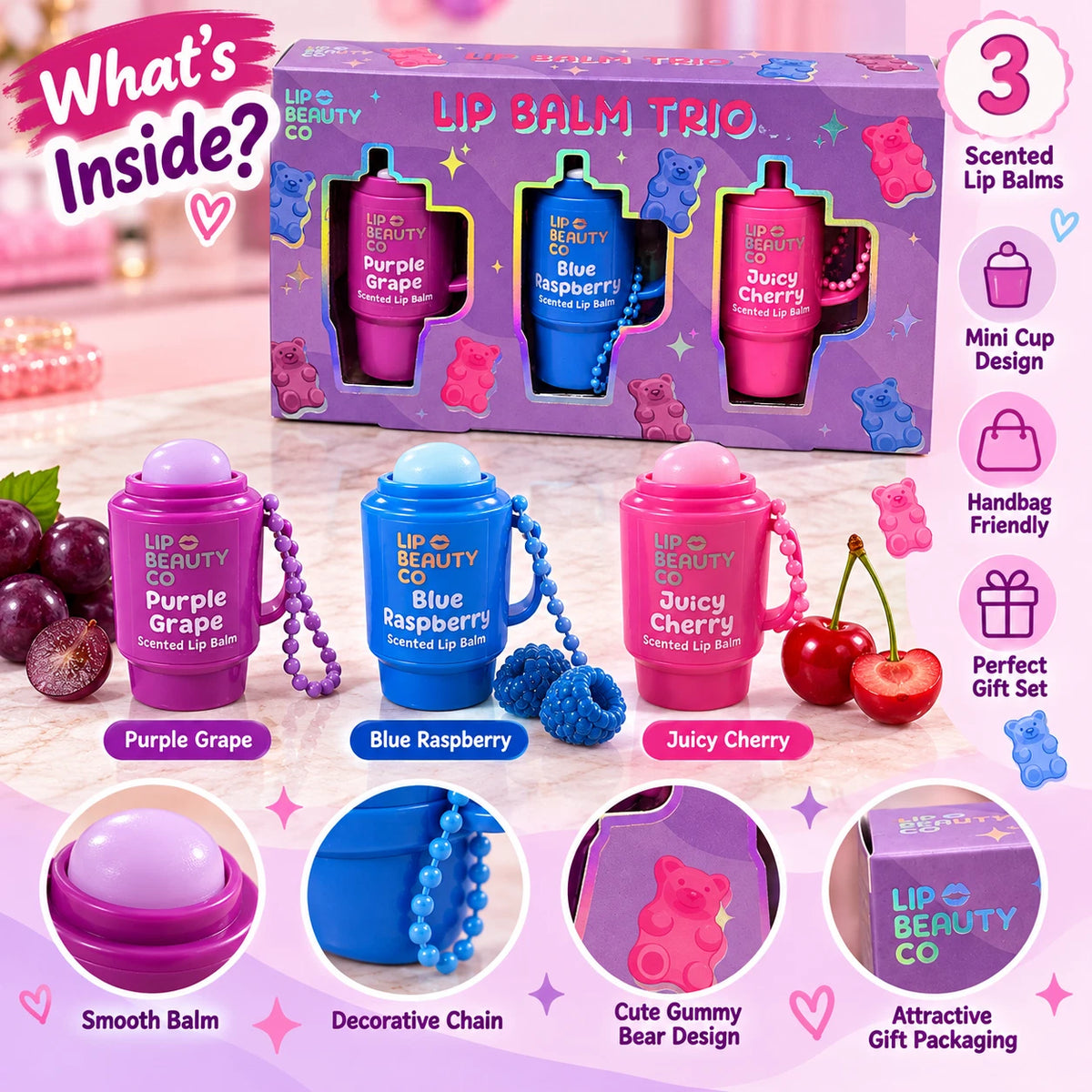 Lip Beauty Co Fruity Lip Balm Trio Gift Set – Grape, Raspberry & Cherry
