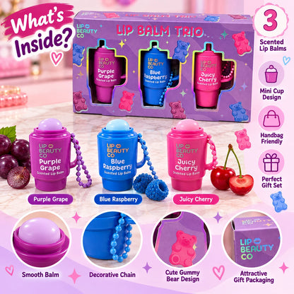 Lip Beauty Co Fruity Lip Balm Trio Gift Set – Grape, Raspberry & Cherry
