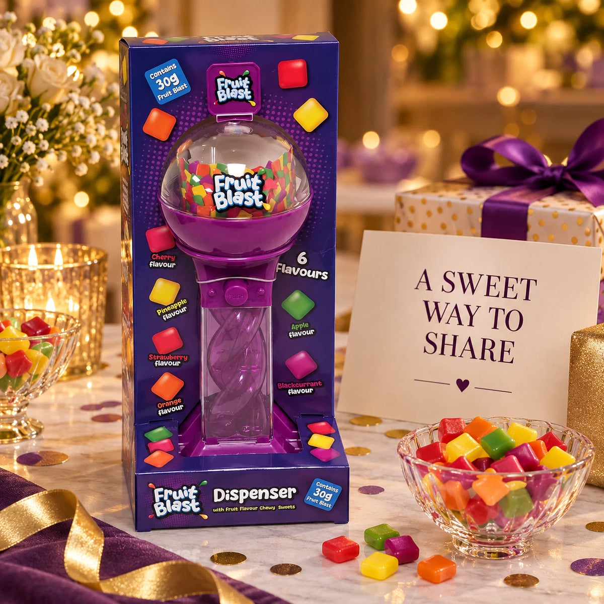 Purple Spiral Sweet Dispenser with 30g Fruit Flavour Chewy Sweets – Refillable Push Button Design