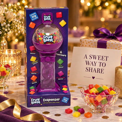 Purple Spiral Sweet Dispenser with 30g Fruit Flavour Chewy Sweets – Refillable Push Button Design
