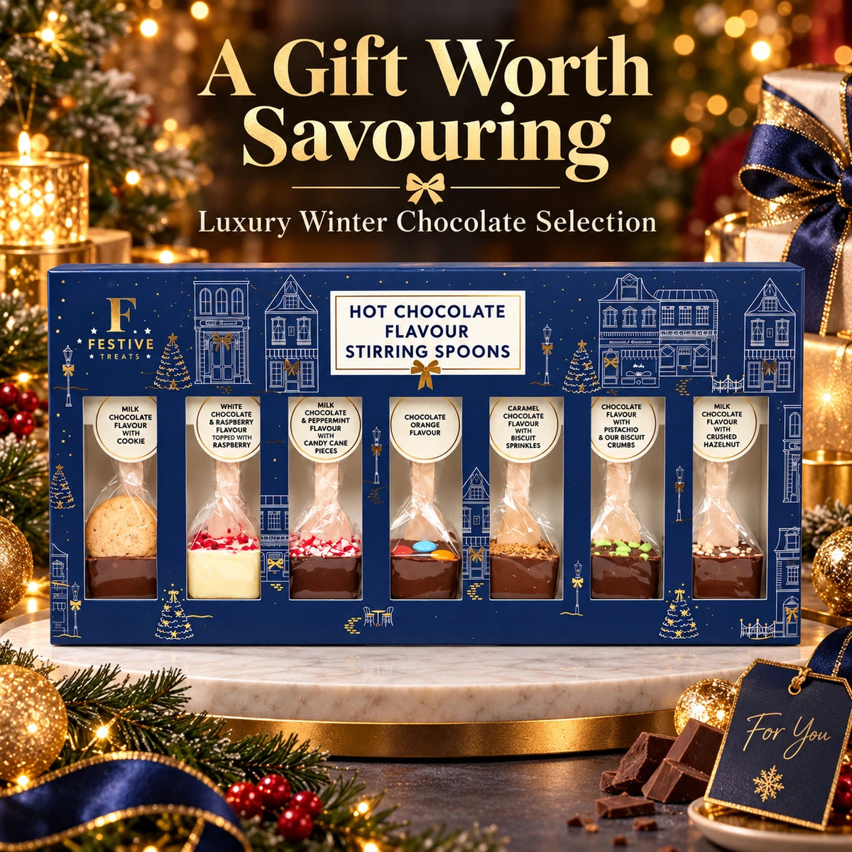 Hot Chocolate Flavour Stirring Spoons Gift Set – 7 Assorted Flavours – 280g