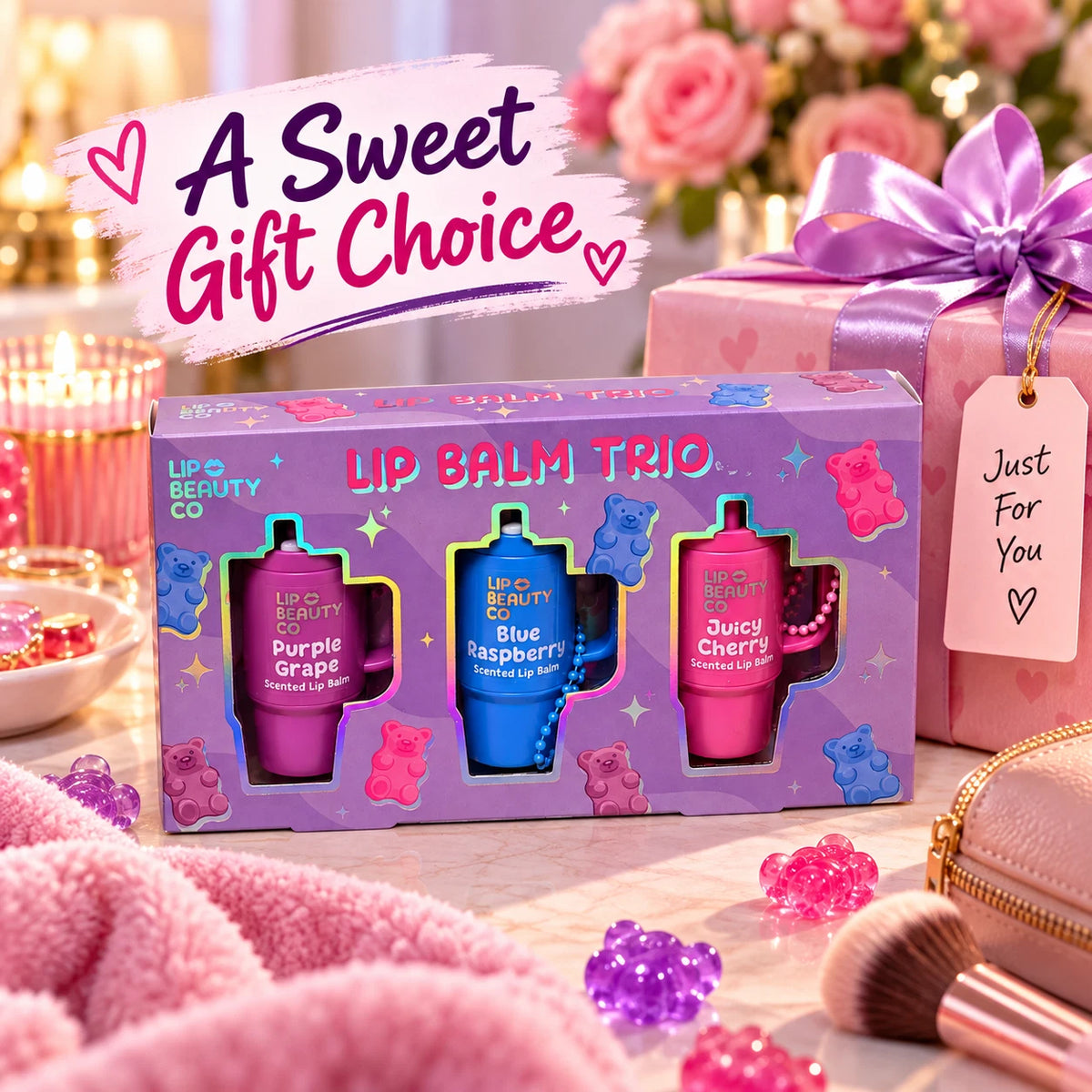 Lip Beauty Co Fruity Lip Balm Trio Gift Set – Grape, Raspberry & Cherry