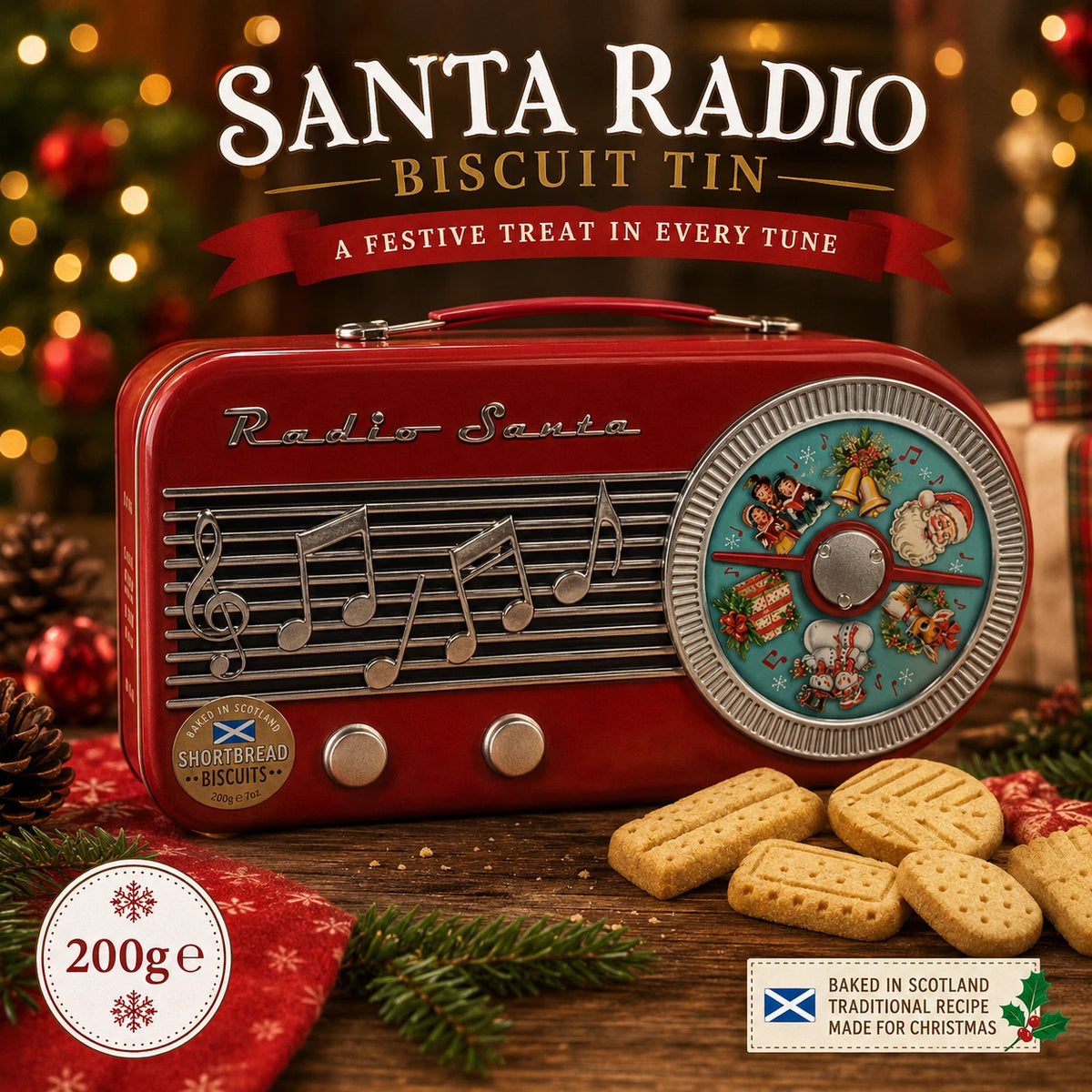 Christmas Santa Radio Shortbread Biscuit Tin 200g – Red Retro Keepsake Gift Tin