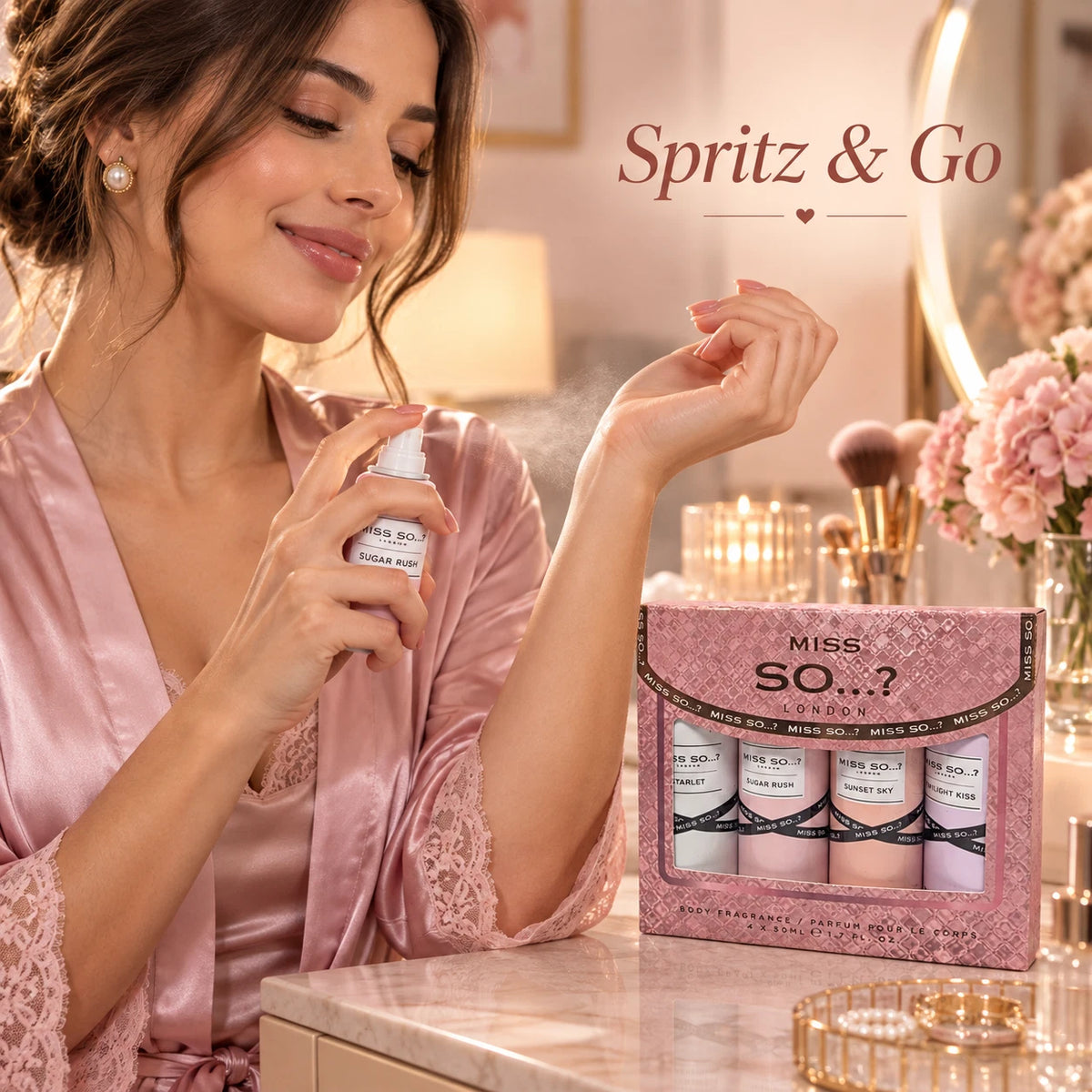 4 Piece Body Fragrance Spray Gift Set – 4 x 50ml Assorted Scents in Pink Gift Box