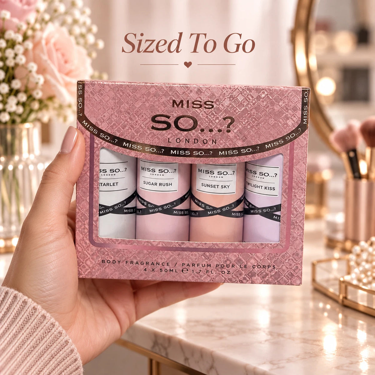 4 Piece Body Fragrance Spray Gift Set – 4 x 50ml Assorted Scents in Pink Gift Box