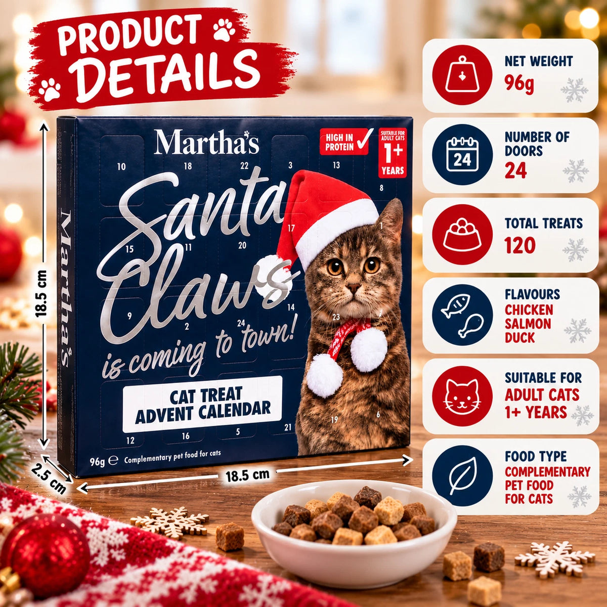 Martha’s Christmas Cat Treat Advent Calendar 96g – 120 Treats in 3 Flavours