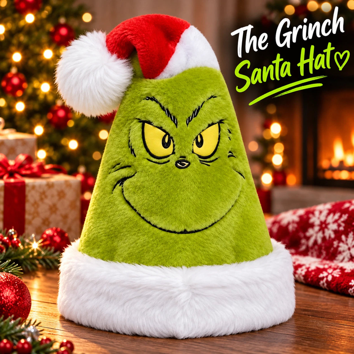 The Grinch Adult Santa Hat Green Fluffy Novelty Christmas Hat with White Trim & Pom-Pom